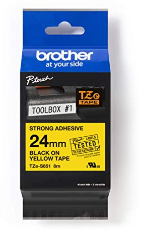 Brother TZe-S651 Labelling Tape Cassette, Black on Yellow, 24mm (W) x 8M (L), Strong Adhesive, Brother Genuine Supplies