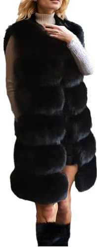 Lisa Colly Women's Faux Fox Fur Coat Jacket Winter Sleeveless Faux Fur Vest Outwear (Black, M)
