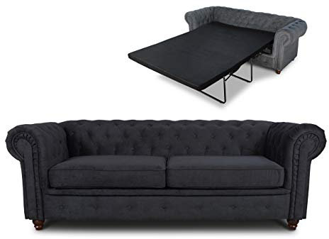Schlafsofa Chesterfield Asti Bis 3-Sitzer, Sofa mit Schlaffunktion, Couch 3-er, Couchgarnitur, Sofagarnitur, Holzfüße, Polstersofa (Schwarz (Capri 19))