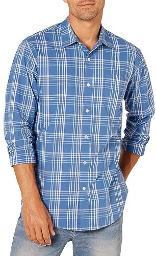 Amazon Essentials Men's Regular-Fit Long-Sleeve Casual Poplin Shirt, Aqua Blue Plaid, L