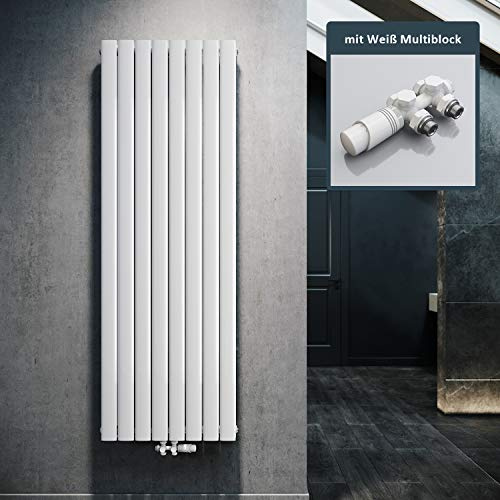 ELEGANT Radiateur au design plat vertical, blanc, 1800 x 616 mm, avec multibloc blanc, thermostat, double couche, raccord central