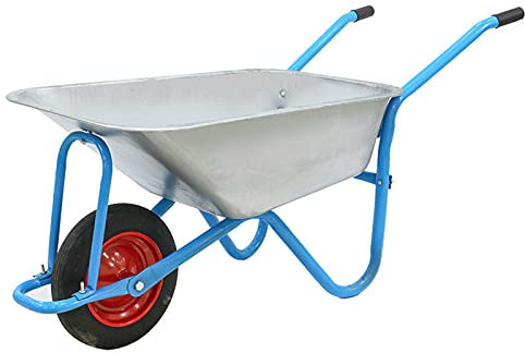 Carretilla de Obra o Jardin Galvanizado Resiste Hasta 150kg con Rueda maciza para Profesional, Construcción, Obra Y JardineríA, 85L,Azul