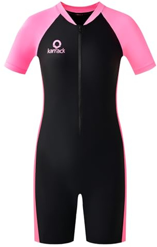 karrack Girls and Boys One Piece Rash Guard Swimsuit Kid Water Sport Short Swimsuits UPF 50+ Sun Protection Bathing Suits Black(Size 4-6Years)
