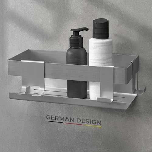 husman® Duschablage ohne Bohren | Edelstahl gebürstet | mit Ablaufrillen & 3 Haken | Kleben statt Bohren | Duschkorb Wandregal Duschregal Badregal Deko Badezimmer Organizer Regal für Bad & Küche