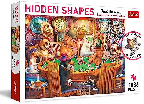 Trefl - Puzzle Hidden Shapes: Game Night 1000 + 86 Elements-Find Hidden Shapes Puzzles for Dog Lovers, Fun for Adults and Children 12 Years and Up