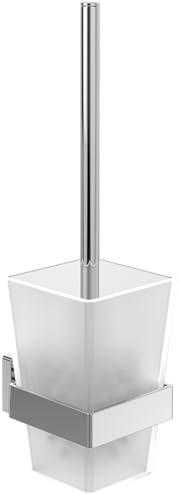 Villeroy & Boch Elements Striking Toilettenbürstengarnitur, Toilettenbürstenhalter für Wandmontage mit einem Behälter aus satiniertem Glas, eckig – Chrom