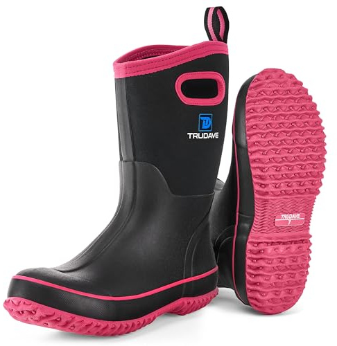 Trudave Rubber Boots for Women, Mid Calf Rain Boots, Womens Waterproof Boots, Neoprene Insulated Outdoor Work Mud Boots for Hunting Farming Gardening Fishing, Pink, Size 8
