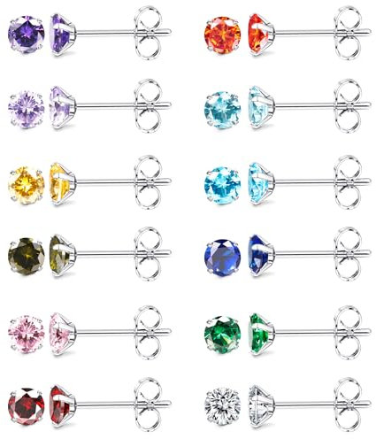 JeweBella 12 Paar Kleine Ohrstecker Chirurgenstahl für Damen Mädchen Hypoallergen Geburtsstein Ohrstecker Set Mehrfarbige Cubic Zirkonia Ohrstecker Piercing Knorpel Schlaf Ohrringe Set 3/4/5mm