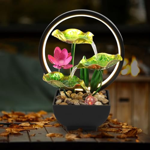 Indoor Tabletop Fountain Water Feature with Rocks & LED Ring Lights, 3-Tiers Leaf Small Waterfall Fountains, Desktop Fountains for Meditation Relaxation Bedroom Living Room Office Decor(Style B)
