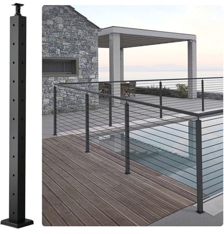 VEVOR Poteau de garde-corps avec trou en forme de L 91,4 x 5 x 5 cm, 10 trous pré-percés, poteau de rail de câble en acier inoxydable SUS304 avec support horizontal et incurvé, noir