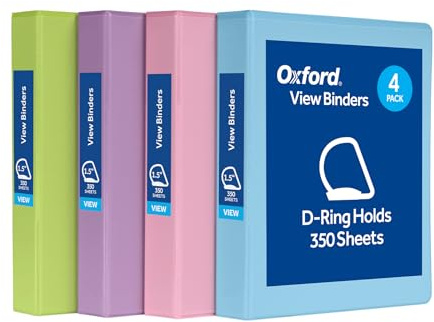 Oxford 3 Ring Binders, 1.5, Slant D Rings, 375 Sheet Capacity, ClearVue Presentation, Non-Stick, PVC-Free, Assorted Pastel Colors, 4-Pack (1002482)