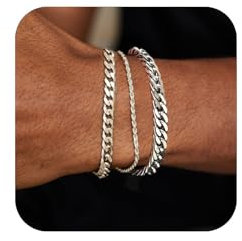 JEMARA 3 Pcs Mens Bracelets,Stainless Steel Silver Bracelet for Men,Adjustable Sturdy Curb Width Silver Rope/Snake/Figaro/Cuban Chain Bracelet Set