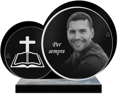 ETERNEL - Plaque Funéraire Personnalisée Double Cercle Croix de La Bible Photo et Texte Personnalisable, Plaque Funéraire Gravée au Laser pour Hommage, Plaque Cimetière, Tombale, Commémoration