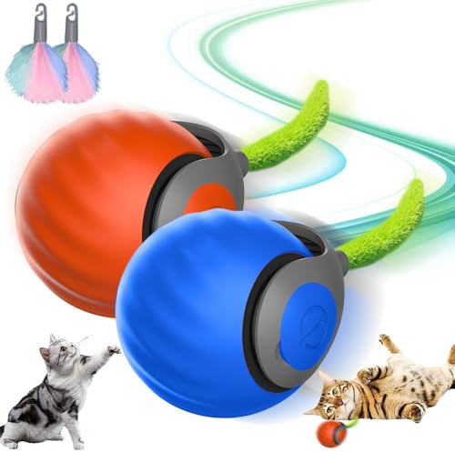 Vmxlso 2 Pezzi Pallina Interattiva per Gatti, Elettrico Palla Interattiva per Cani, Pallina Gatto Automatica con Coda, Ricaricabile Giocattolo Palla Interattiva per Gatti e Cani (Blu + Arancione)