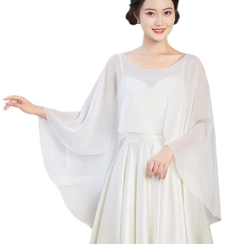 TouKingda Sheer Chiffon Shawl Cape for Women, High Low Capelet Long Shawl and Wrap for Wedding Dresses Bridal Bridesmaid Bolero Shrug Cover Ups for Evening Party Dress Elegant Sunblock Shawls (White)