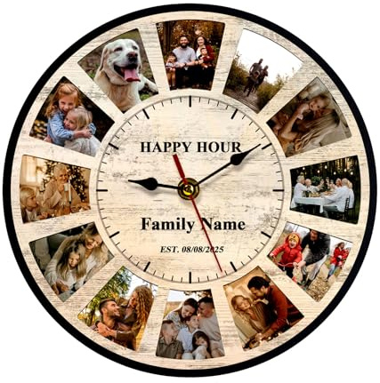 HSAEANZL Reloj de pared familiar personalizado con 12 fotos, 10, 12, 14 y 16 cm, reloj de madera con nombre de familia personalizado, sin tictac, relojes de pared decorativos para salas de estar
