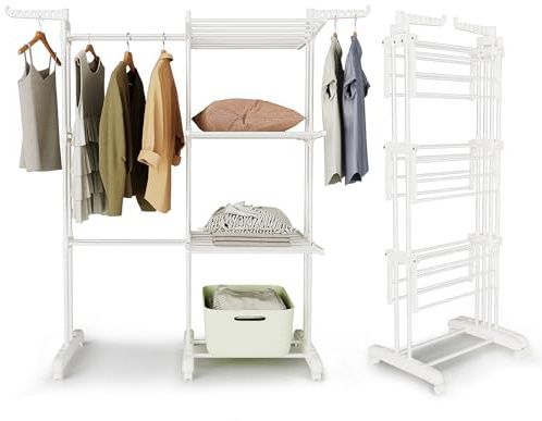 johgee Stendibiancheria a torre, stendibiancheria a torre, allungabile, lunghezza 66-130 cm, con 6 ali pieghevoli su 3 livelli, stand lavanderia pieghevole per famiglie numerose