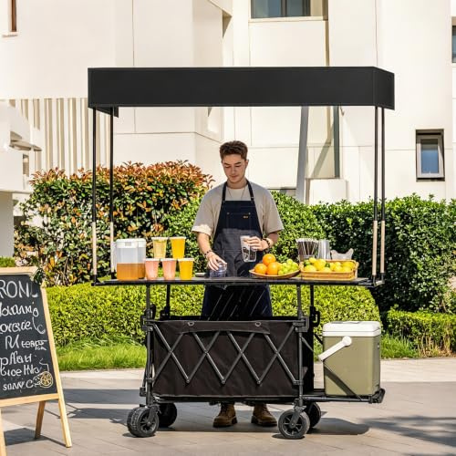 GSATREY Puesto de Mercado Plegable con Toldo Protector, Carrito de Venta con Estructura de Acero Reforzado Resistente para Ferias de Artesanías(Black)