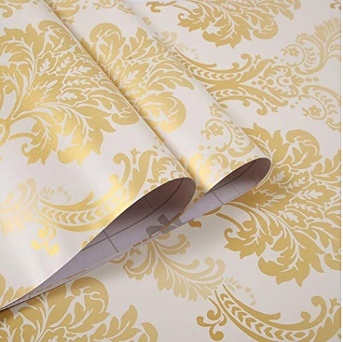 WADDLLCOR Gold Damask Contact Paper Self Adhesive Shelf Drawer Liner, Peel and Stick Damask Wallpaper Roll Shelf Liner Cabinets Door Drawer Sticker 17.7 x 78.7