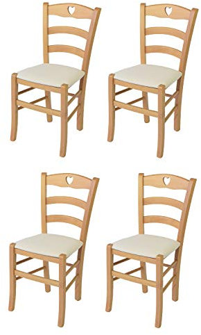 Tommychairs - 4er Set Stühle CUORE für Küche und Esszimmer, Robuste Struktur aus lackiertem Buchenholz im Farbton Naturfarben und gepolsterte Sitzfläche mit Stoff in der Farbe Elfenbein bezogen