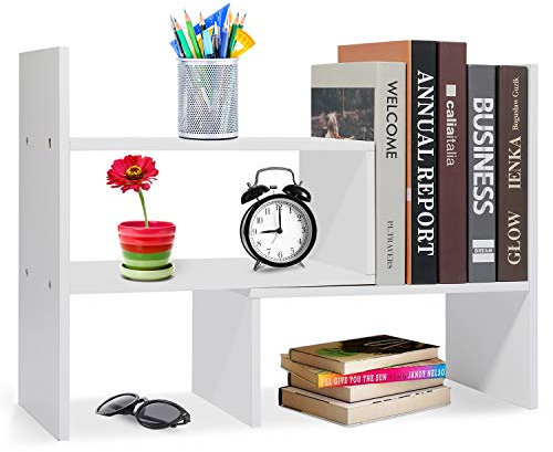 Voency Estantería pequeña de sobremesa, organizador de libros de madera, estantería ajustable y extensible para suministros de oficina, decoración del hogar y cocina