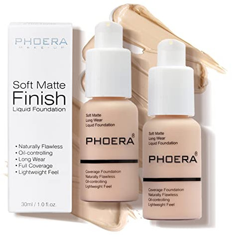 PHOERA Foundation, Full Coverage Foundation, Concealer Foundation Full Coverage Flawless Cream Glatte, langanhaltende Neu 30ml PHOERA 24HR Matte Oil Control Concealer (2 Stück 101)