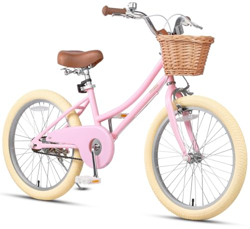 Petimini 20 Inch Girls Bike for Age 6 7 8 9 Years Old Big Kids Retro Vintage Style Bicycles with Basket Dual Hand Brake and Bell, Pink