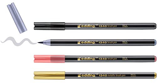 edding 1340 Pinselstifteset - 4 Stifte - gold metallic, schwarz, grau, aprikose - flexible Pinselspitze 1-6 mm - Stifte zum Schreiben und Zeichnen - hohe Deckkraft auch auf dunklerem Papier
