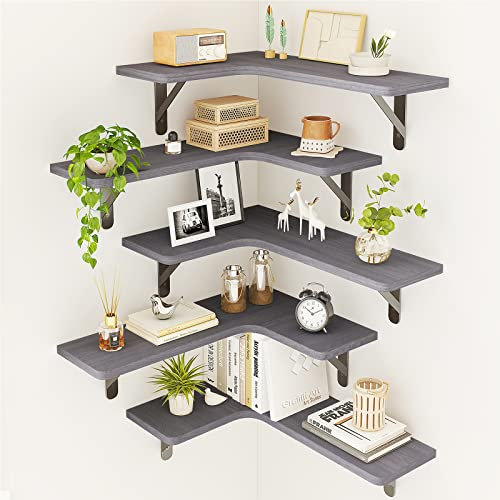 Fixwal Eckregale, 5er-Set, rustikales Holz-Eckregal zur Wandmontage, für Badezimmer, Küche, Schlafzimmer, Heimdekoration, Waschküche, Wohnzimmer (grau)