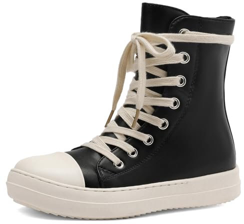 MOFEEDOUKA Damen High Top Sneakers Schnürschuh Komfort Plateau Walking Canvas Schuhe mit Reißverschluss, Schwarz (Black Pu), 41 EU