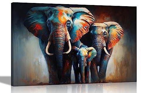 Artley Prints - Elephant Family in the Wild Colourful Canvas Wall Art for Living Room - Framed Abstract Pictures to Hang in Bedroom, Hallway Large 76 x 50cm (30 x 20 inches)