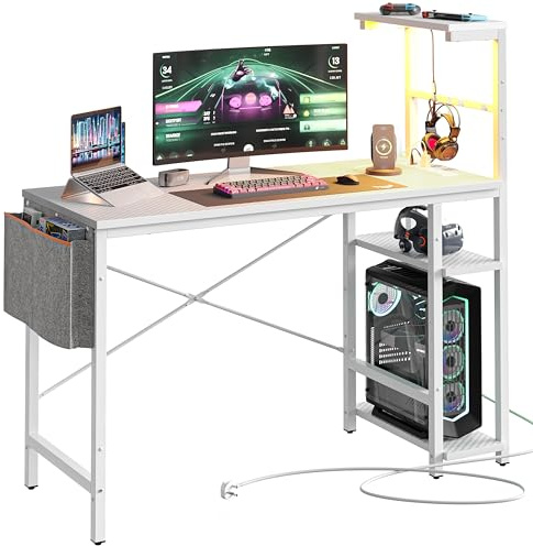 Bestier 113CM Corner Computer Desk with Power Outlets Computer Desk with LED Lights Reversible Writing Table with Side Pocket Storage Bag & Accessories Hanger for Home Office Small Space
