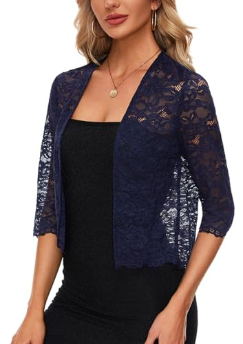 MINTLIMIT Bolero Cardigans for Women Open Front Bolero Shrugs Lace 3/4 Sleeve Top Dress Coat Summer (Navy M)