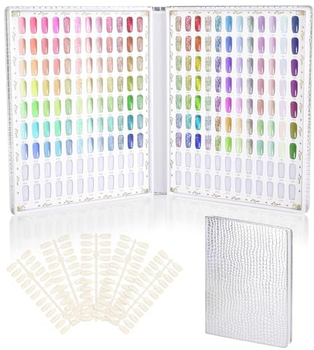 Segbeauty Nuancier Ongles, Nail Affichage Graphique 216 Couleur, avec 240 Pcs Faux Ongles, Livre pour Presentoir Ongles Nuancier, Échantillons de Couleurs de Salon pour le Vernis à Ongles (Argent)