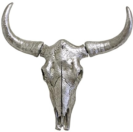 Cow Skull Wall Mount Sculpture, Horned Buffalo Hanging Animal Head Ornament Figure Art Décor Resin with Vintage Silver Finish, Wildlife Indoor Outdoor Decorative Accessories (Silver Cow Skull)