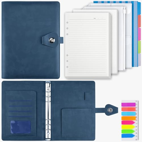 PU Leather A5 Ring Binder Notebook, 6 Ring Binder with 200 Sheets Refill Papers, Planner Notebook with Dividers, Gifts for Women and Men, Refillable Notebook for Office, School and Travel (Deep Blue)