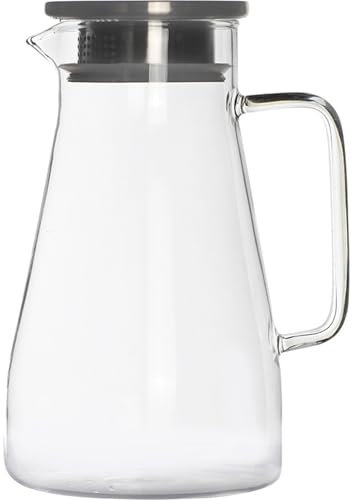 Brocca in vetro da 1,5 l con coperchio in acciaio inox, caraffa per acqua con manico, trasparente, buona brocca per bevande per succhi fatti in casa e tè freddo pensa alla tazza (trasparente, taglia
