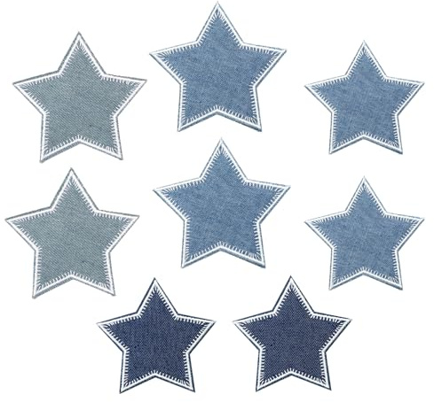 DAWRIS Confezione da 8 toppe termoadesive, decorazione a stella, Toppa Termoadesiva per Tessuti forma di stella blu denim per bambini per jeans, abbigliamento, giacche, magliette