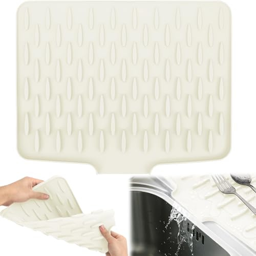 RZCOMP Tapis d'égouttoir en silicone antidérapant pour évier - Résistant à la chaleur - Pour comptoir de cuisine et évier - Blanc crème