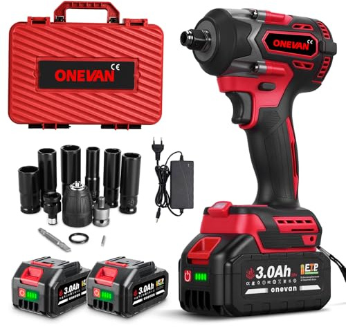 ONEVAN Batteridriven slagnyckel med 2 x 3,0 Ah batterier, 500 Nm borstlös motor 4820 20 V sladdlös skruvdragare 1/2 tum elektrisk skruvdragare med ljus
