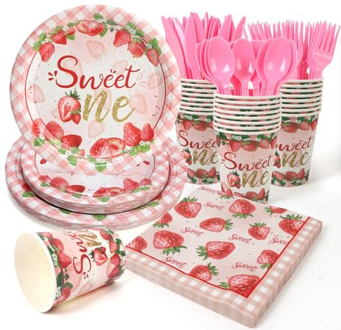 PCLMLES 168Pcs Sweet One Birthday Decorations Pink Strawberry Paper Plates and Napkins Cups Knives Forks Spoons for Baby Shower Kids First Birthday Party Decorations Supplies for Girls Boys
