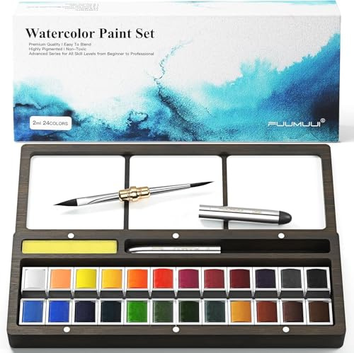 Set di colori ad acquerello – 24 vivaci colori ad acqua con pennello e tavolozza di miscelazione in scatola ad acquerello | Eccellente trasparenza, brillantezza | Perfetto per artisti, pittori di