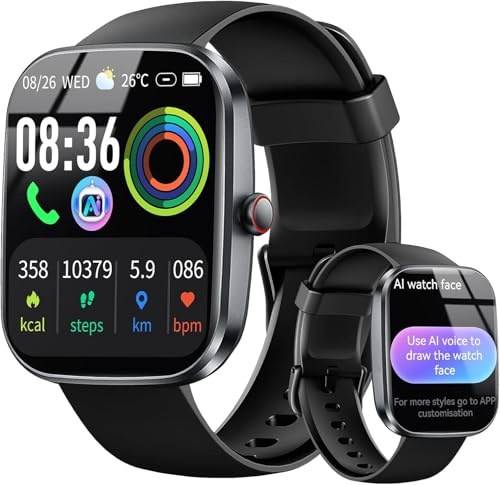 uaue AI Smartwatch Uomo Donna, 2025 Nuova Fitness Tracker Orologio Chiamate Bluetooth/Cardiofrequenzimetro/Contapassi/Sonno/115+ Sportive, 1.91 Smart Watch Impermeabile IP68 (A-Nero)