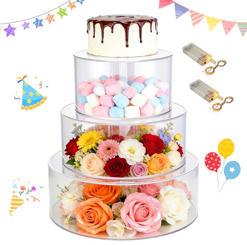 Expositor para tartas de 3 pisos de acrílico, bandeja para tartas redonda transparente con 3 tiras luminosas LED (pilas no incluidas) Cajas de presentación apilables para bodas, fiestas