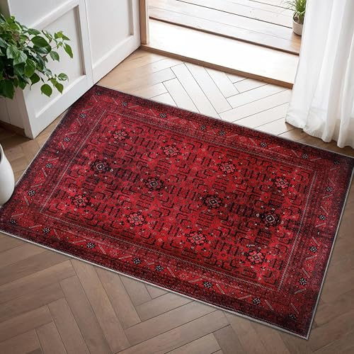 RUG WEAVERS Rugs Living Room - Washable Rug - Area Rug - Non-Slip Rugs Carpet Woven from Cotton - Vintage Rug for Living Room Bedroom Kitchen - Kid and Pet Friendly RED RUG, 60X90 cm