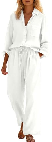 Vhersily Completi Pantaloni Donna Lino e Cotone Elegante Set Estivo Completo Drop Shoulder Casual Due Pezz Essenziale Taglie Forti Curvy Signora Tuta Mare Per L’Estate Confortevole Traspirante