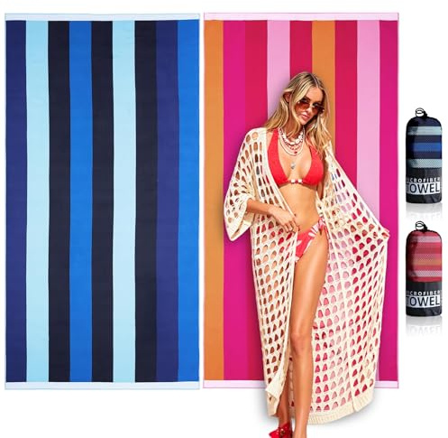 2 Pack Beach Towels,180X90cm with Bags, Extra Large Microfibre Beach Towels for Adult, Single-Sided Print, Quick Dry Sand Free, Compact Thin, for Beach, Swimming,Camping,Travel,Holiday,Gym (Bule+Pink)