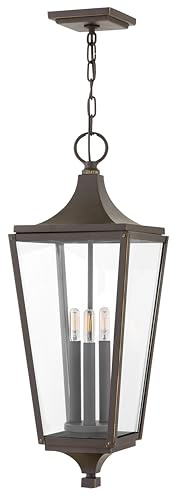 Hinkley Jaymes Large Hanging Outdoor Lantern - Aluminum, Clear Glass Panes, Rivet Details, Cast Finials - Oil Rubbed Bronze Finish