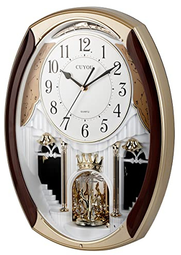 CUYOU Musical Motion Chime Wall Clock with Rotating Pendulum, Decorative Wall Clock, 18 Melodies, for Home, Hotel, Library or Church Decor.
