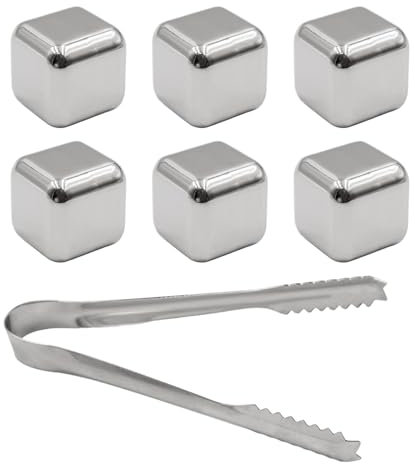 Intirilife set di pietre per whisky ARGENTO con pinze in acciaio inox -2,5 x 2,5cm- 6 pezzi di cubetti di ghiaccio riutilizzabili in acciaio inox con scatola di conservazione- Pietre di raffreddamento